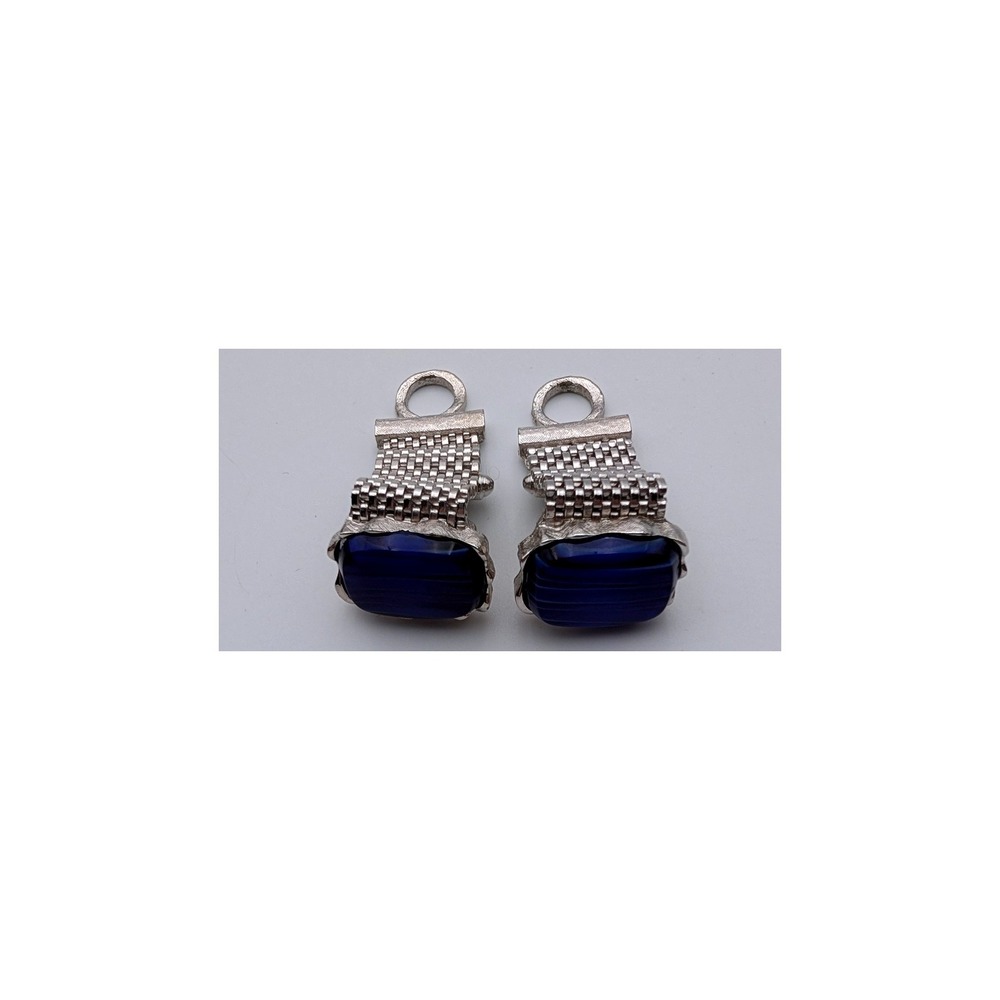 Vintage Silver Tone Mesh Wrap Cufflinks Blue Art Glass Stone Mid Century Modern